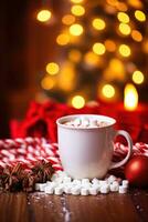 AI generated a cup of hot cocoa with marshmallows and a candy cane, photo