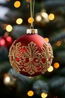 AI generated a beautifully decorated Christmas wreath with red and gold ornaments, photo