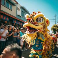 AI generated A colorful parade featuring dragon dancers, lion dancers photo