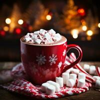 AI generated a cup of hot cocoa with marshmallows and a candy cane, photo