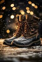 AI generated a pair of winter boots with snow falling in the background. photo