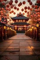 AI generated A beautiful landscape photo of a temple or shrine decorated with lanterns and other festive decorations