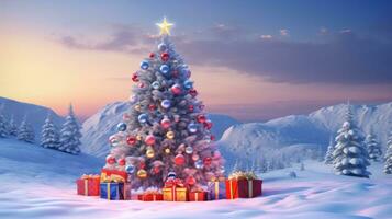 ai generado un hermosa Navidad árbol con vistoso luces y adornos foto