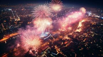 ai generado un asombroso aéreo Disparo de fuegos artificiales explotando terminado un ciudad o paisaje foto