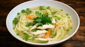 AI generated A classic chicken noodle soup with tender chunks of chicken photo