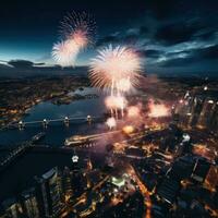 AI generated A breathtaking aerial shot of fireworks exploding over a city or landscape photo