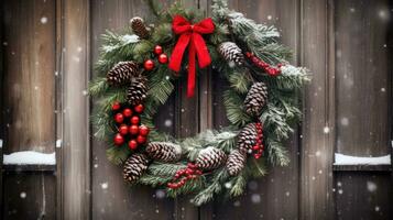 AI generated A beautiful Christmas wreath hanging on a rustic wooden door photo