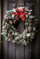 AI generated A beautiful Christmas wreath hanging on a rustic wooden door photo