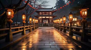 AI generated A beautiful landscape photo of a temple or shrine decorated with lanterns and other festive decorations