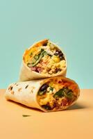 AI generated A breakfast burrito filled with scrambled eggs, black beans, cheese, and salsa photo