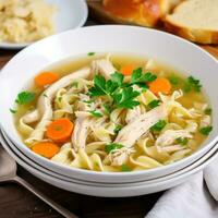 AI generated A classic chicken noodle soup with tender chunks of chicken photo