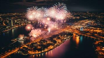 AI generated A breathtaking aerial shot of fireworks exploding over a city or landscape photo