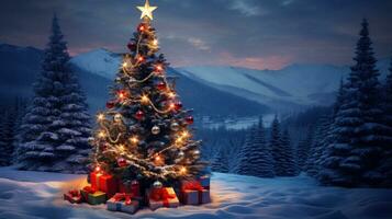 AI generated A beautiful Christmas tree with colorful lights and ornaments photo