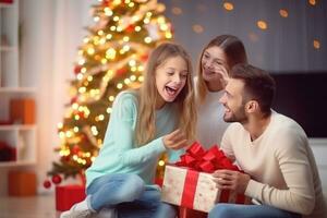 AI generated happy family with Merry Christmas magic gift near tree at evening at home photo