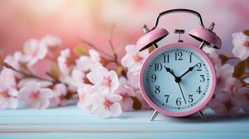 AI generated pink alarm clock in the cherry blossom background photo