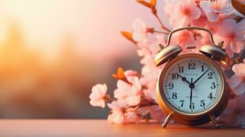 ai generado rosado alarma reloj en el Cereza florecer antecedentes foto