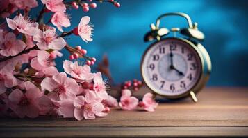 ai generado rosado alarma reloj en el Cereza florecer antecedentes foto