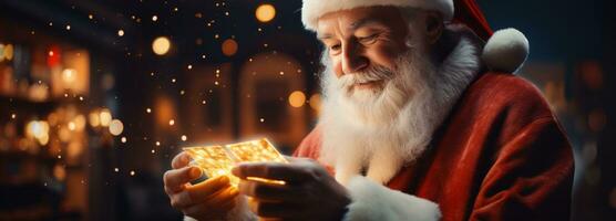 ai generado Papa Noel participación el regalo caja en contra el azul antecedentes foto