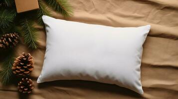 AI generated Generative AI, White pillow mockup on Christmas background with holiday decoration, copy space photo