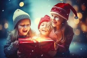 AI generated happy family with Merry Christmas magic gift near tree at evening at home photo