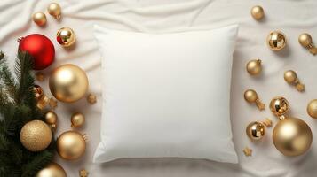 AI generated Generative AI, White pillow mockup on Christmas background with holiday decoration, copy space photo