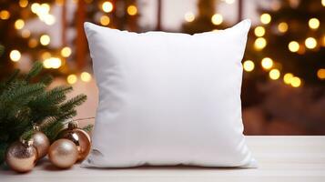 AI generated Generative AI, White pillow mockup on Christmas background with holiday decoration, copy space photo