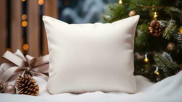 AI generated Generative AI, White pillow mockup on Christmas background with holiday decoration, copy space photo