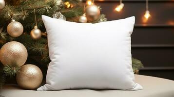 AI generated Generative AI, White pillow mockup on Christmas background with holiday decoration, copy space photo