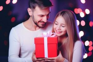 AI generated happy family with Merry Christmas magic gift near tree at evening at home photo