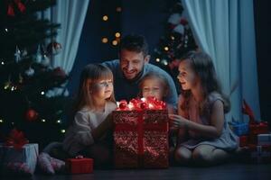 AI generated happy family with Merry Christmas magic gift near tree at evening at home photo