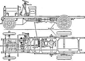 Halley Van or Lorry with Internal Combustion Vehicle Side and Chassis View, vintage illustration. vector