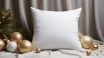 AI generated Generative AI, White pillow mockup on Christmas background with holiday decoration, copy space photo