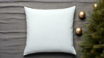 AI generated Generative AI, White pillow mockup on Christmas background with holiday decoration, copy space photo