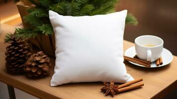 AI generated Generative AI, White pillow mockup on Christmas background with holiday decoration, copy space photo