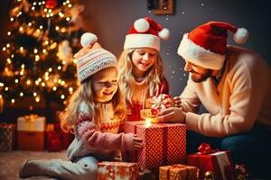 AI generated happy family with Merry Christmas magic gift near tree at evening at home photo