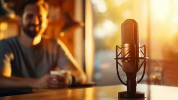AI generated Generative AI, Microphone for podcast, man recording audio, host streaming, blurred background photo
