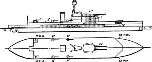 British Royal Navy HMS Erebus Battleship, vintage illustration. vector