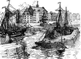 New York City Hall and Docks in 1679, vintage illustration. vector