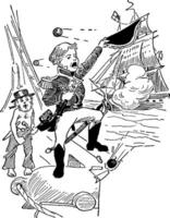 Captain Standing on Cannon with Foot on Railing of Ship, vintage illustration vector