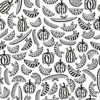 Seamless Pattern for coloring with crazy Watermelon with eyes. Black and white vector illustration. Slice of watermelon on white background. Doodle style.