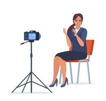 Shooting interview in professional studio. Soft box light, camera, spotlight. Professional equipment for video shooting. Woman having conversation on camera, making content. Vector illustration.