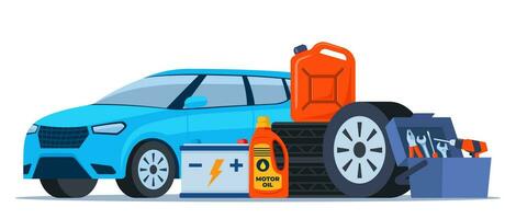 coche y auto Servicio accesorios composición con herramienta equipo, gasolina frasco y batería. vector ilustración.