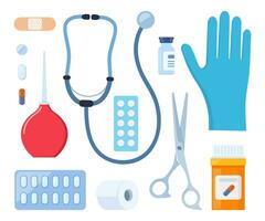 First Aid Kit elements, set. Medical help items. Plasters, pills, bandage, aspirin, thermometer, gloves, syringe, painkiller. Elements for medical infographics. Vector illustration.