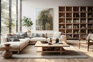 AI generated Scandinavian living room flooded with natural light through large windows photo