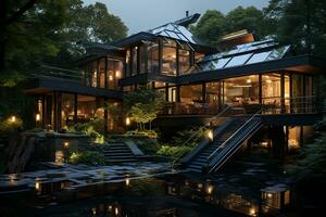 AI generated Residence harmoniously designed with nature in mind, house seamlessly blending into its surroundings photo