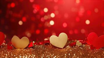 AI generated Golden confetti and pink hearts on a red background, copy space. Background of Valentines day concept. photo