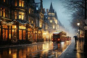 AI generated Winter cityscape snow covered streets lined with historical buildings adorned with festive lights and decorations photo