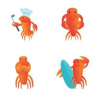 cangrejo de río íconos conjunto dibujos animados vector. linda rojo cangrejo de río vector