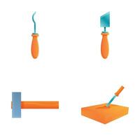 Carpentry tool icons set cartoon vector. Hammer chisel and trowel vector