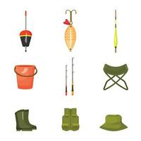 Fisherman clothes icons set cartoon vector. Ice lake river vector